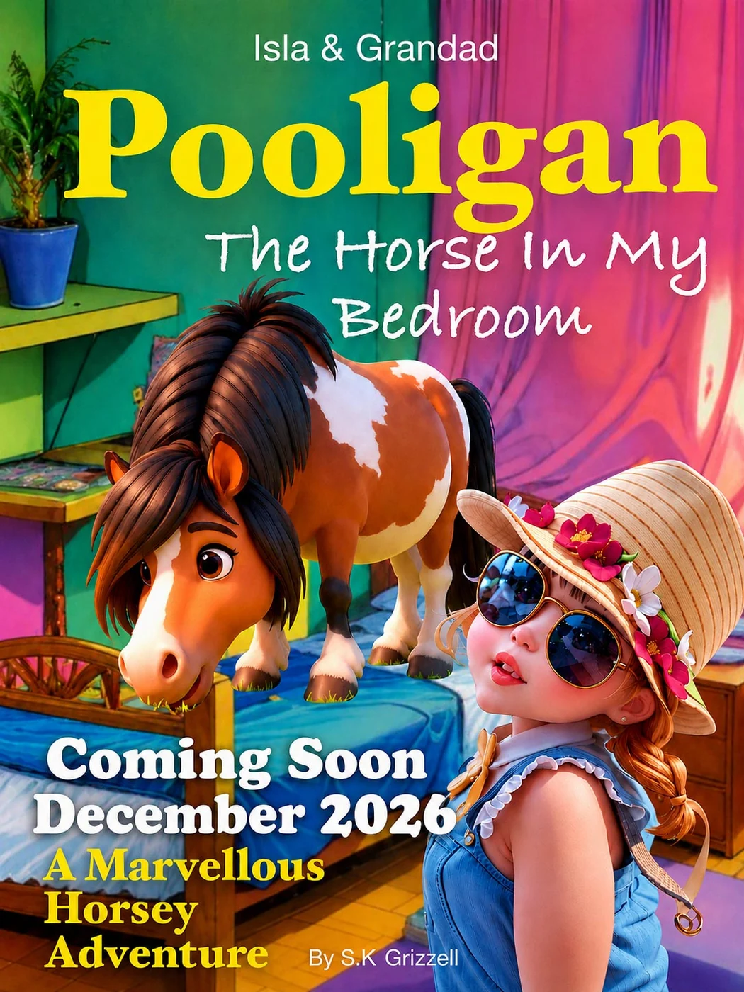 Book cover for Pooligan, the horse in my bedroom, showing a boy and a cartoon horse