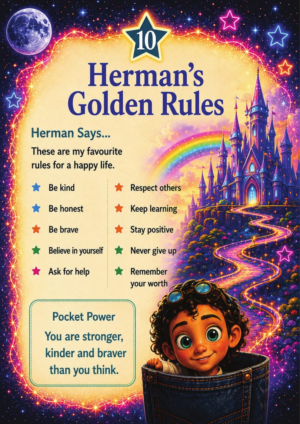 Card ten of Herman's Pocket Guide, headed Herman's Golden Rules, listing ten rules including be kind, be honest and never give up