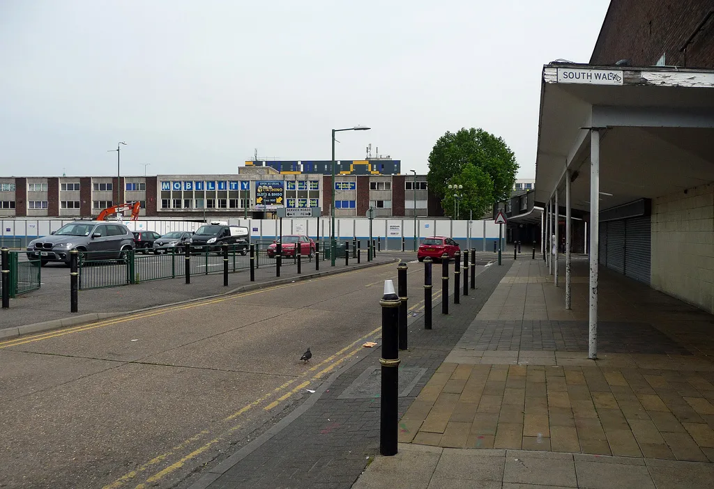 Market Square in Basildon town centre, beside Market Pavement. The picture does not show the Raquels building.