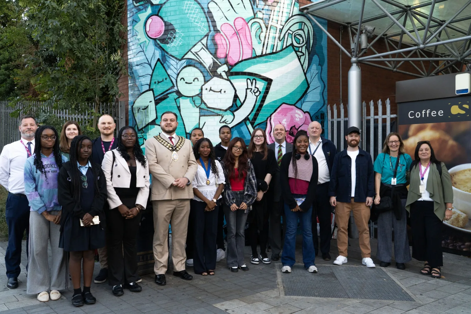 Members of Basildon Borough Youth Council with the Mayor and project partners at the mural's launch, Basildon station.