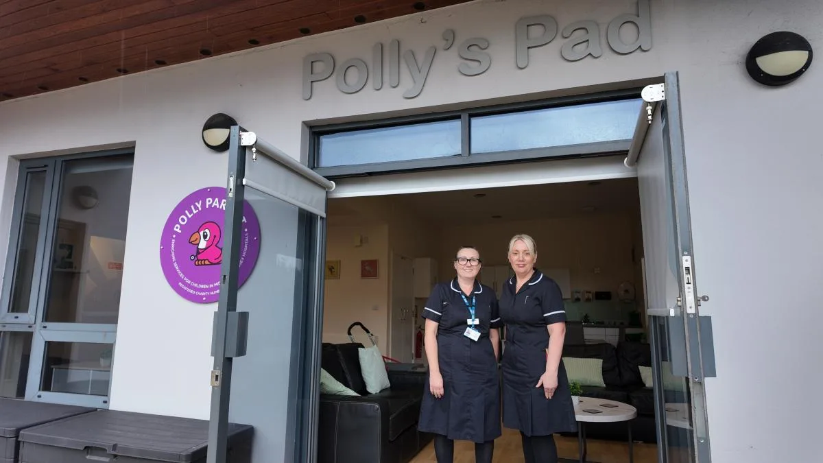 Hospital staff at the open doors of Polly's Pad, Basildon Hospital.